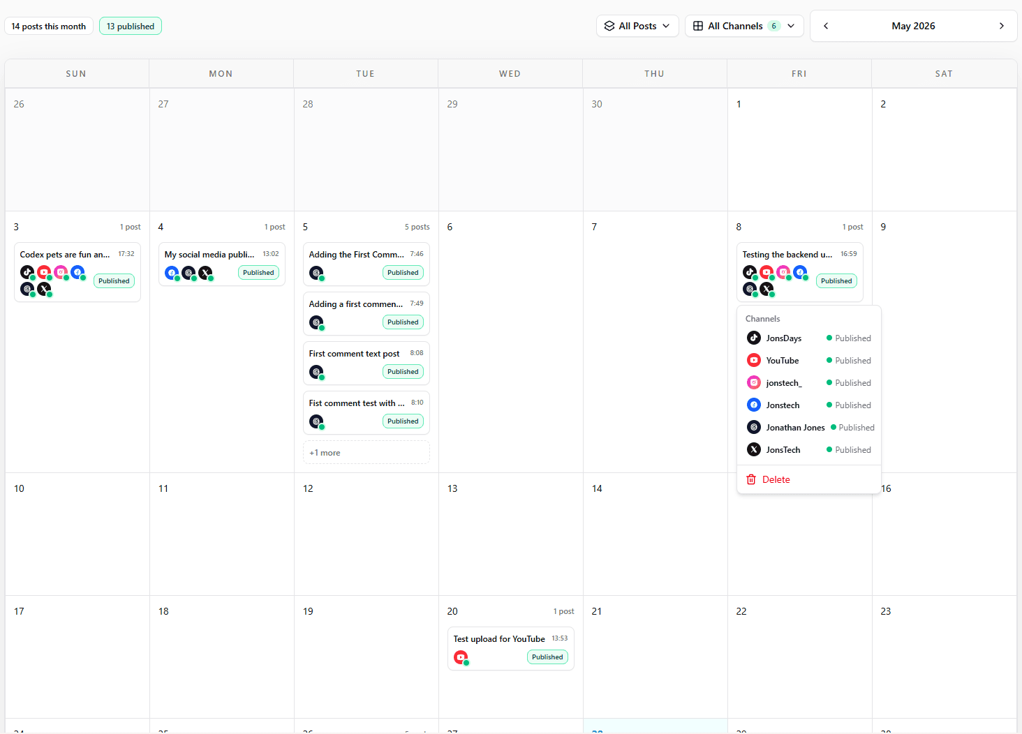 WooshOut calendar view showing scheduled social posts.