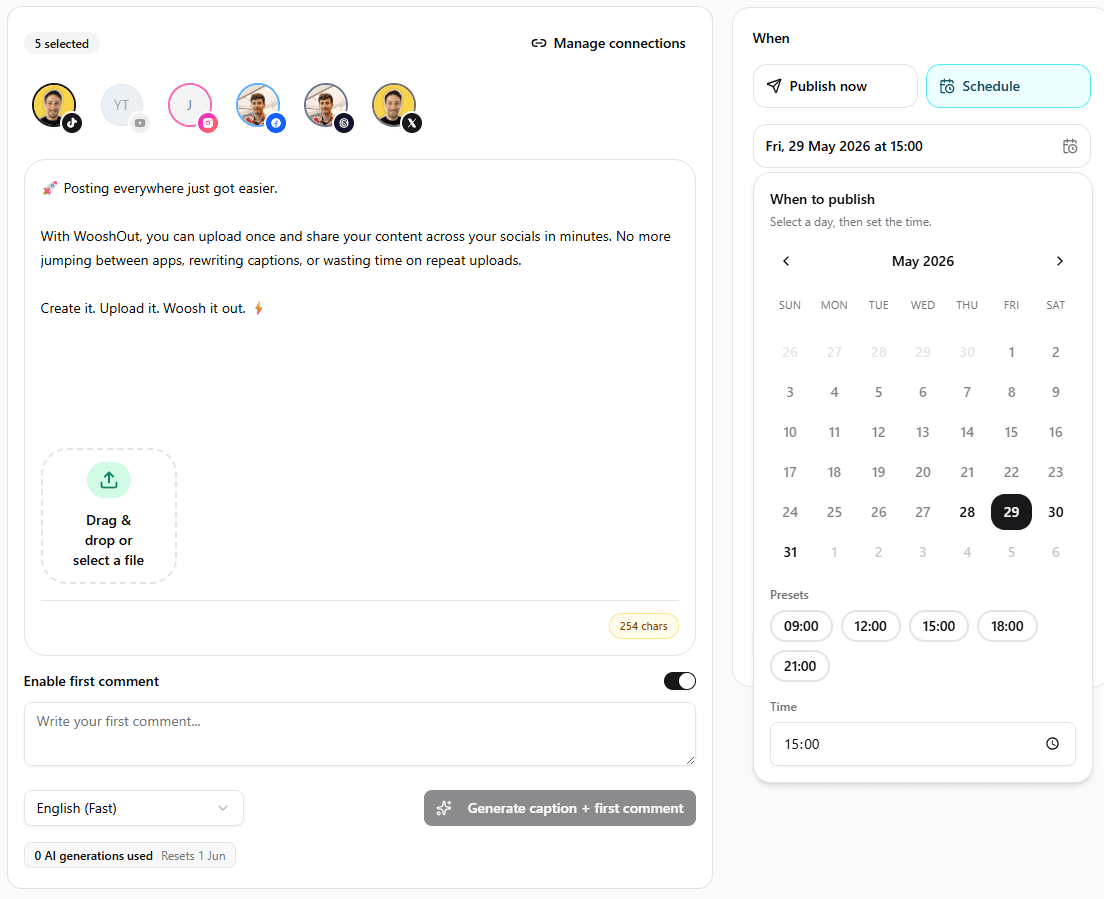 WooshOut upload composer with platform settings and post content.