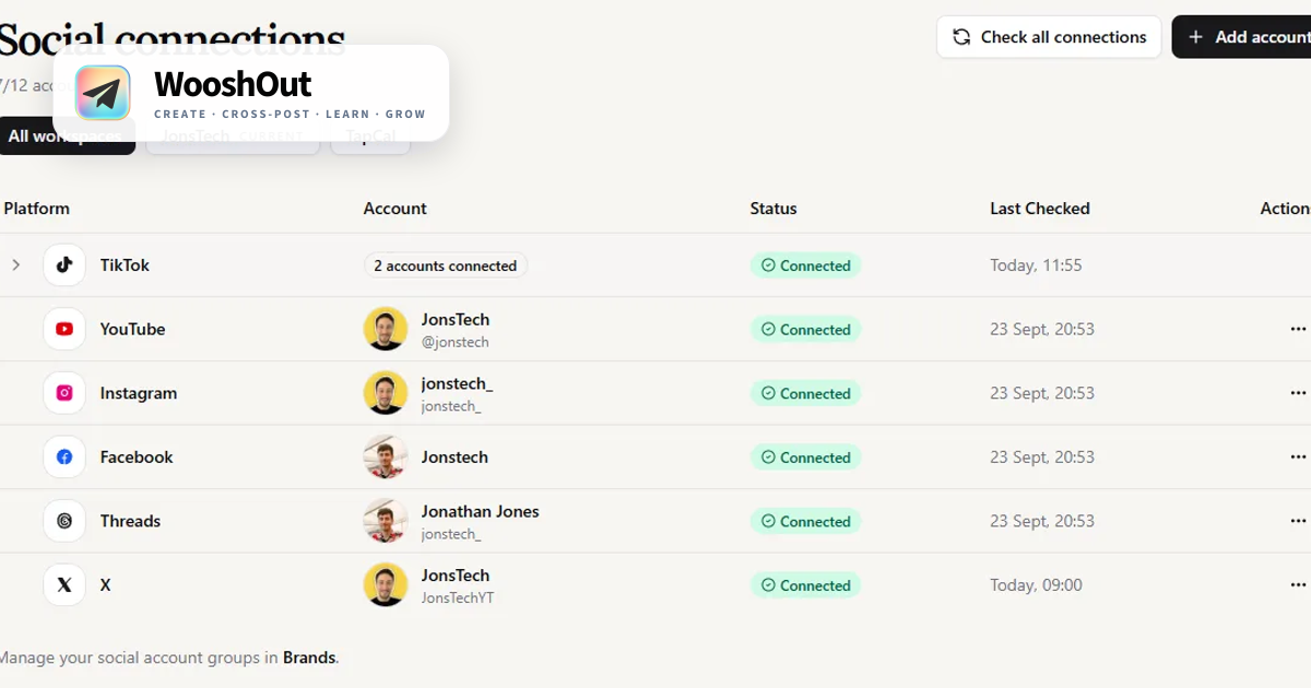 The Social connections page lists TikTok, YouTube, Instagram, Facebook, Threads, and X with connected statuses and last-checked times. Workspace tabs, account actions, and check and add account buttons appear above the list.