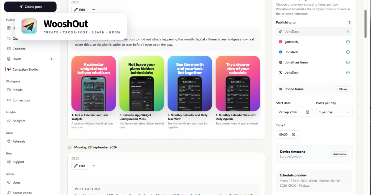 WooshOut Campaign Studio shows a series of colorful phone-frame carousel slides with captions, alongside a panel for choosing publishing accounts, a start date, posting frequency, and time.