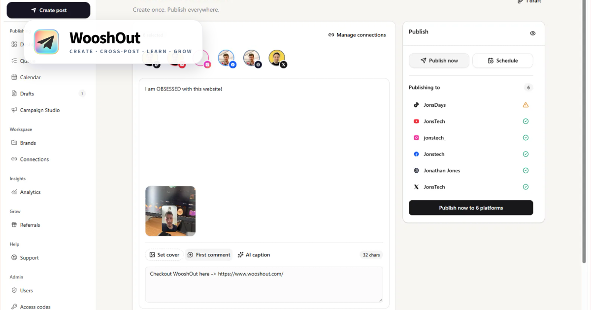 WooshOut’s Create New Post screen shows six selected social accounts, a caption and video preview, publishing options, and destination status icons.